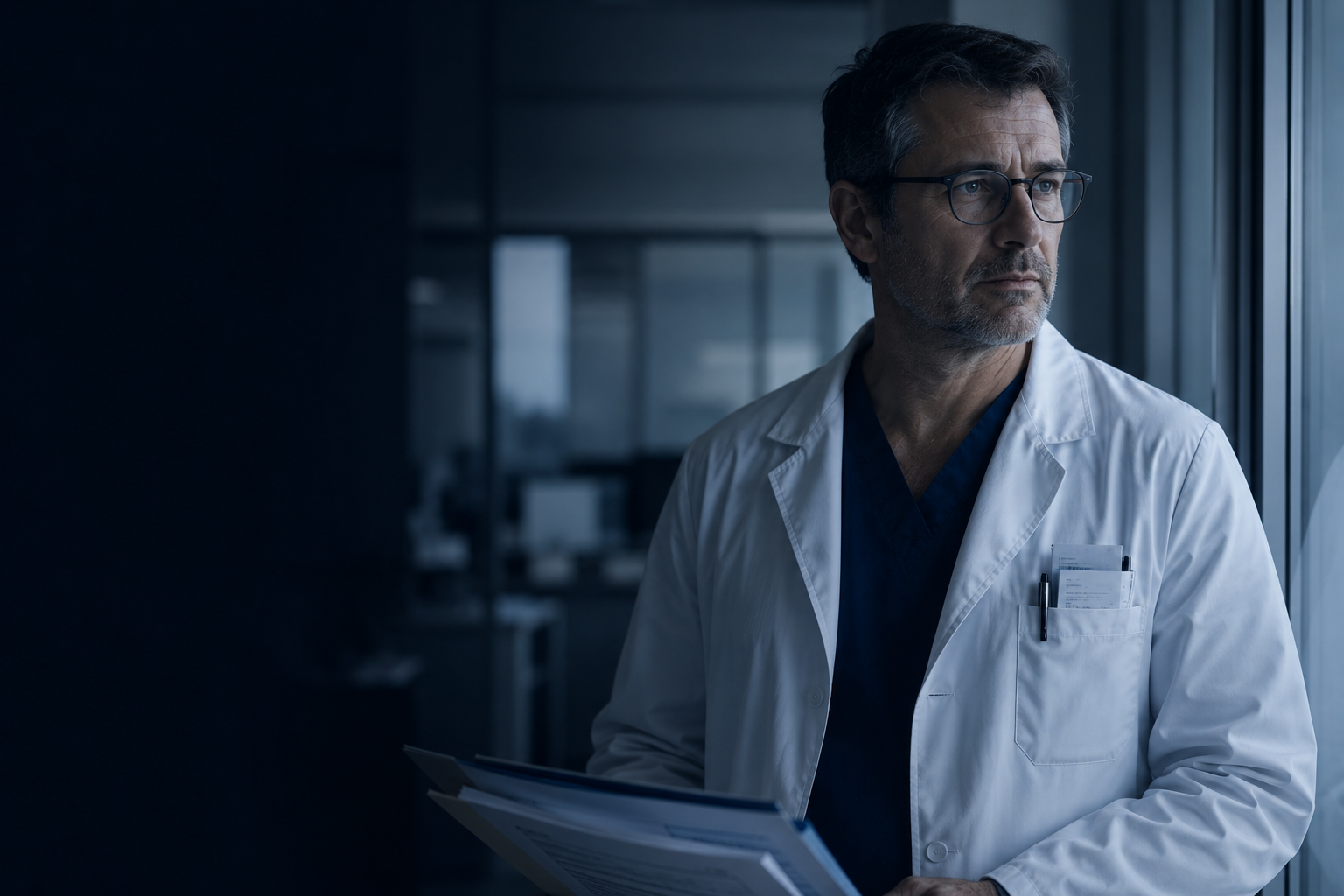 Médecin en blouse blanche tenant un dossier, près d'une fenêtre