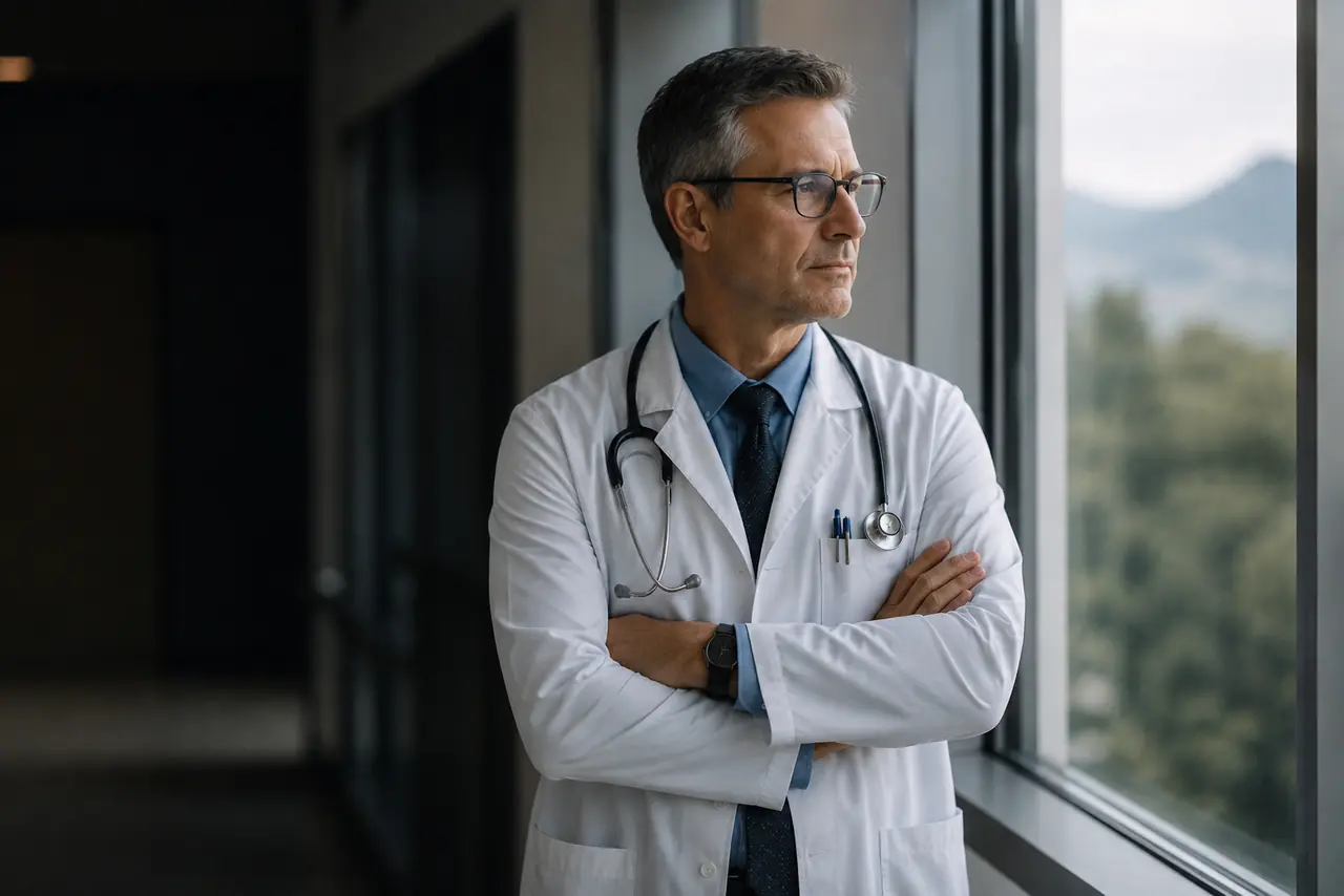 Poignée de main entre un dirigeant et un médecin dans un couloir d'établissement de santé