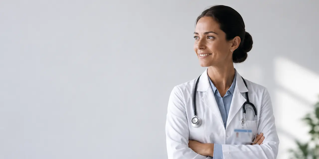 Mains posées sur une blouse blanche avec stéthoscope